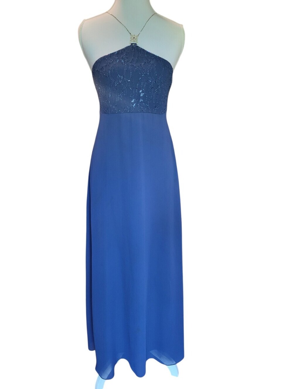 Vintage 90s All That Jazz Navy Blue Sequin Beaded Halter Full Length Dress